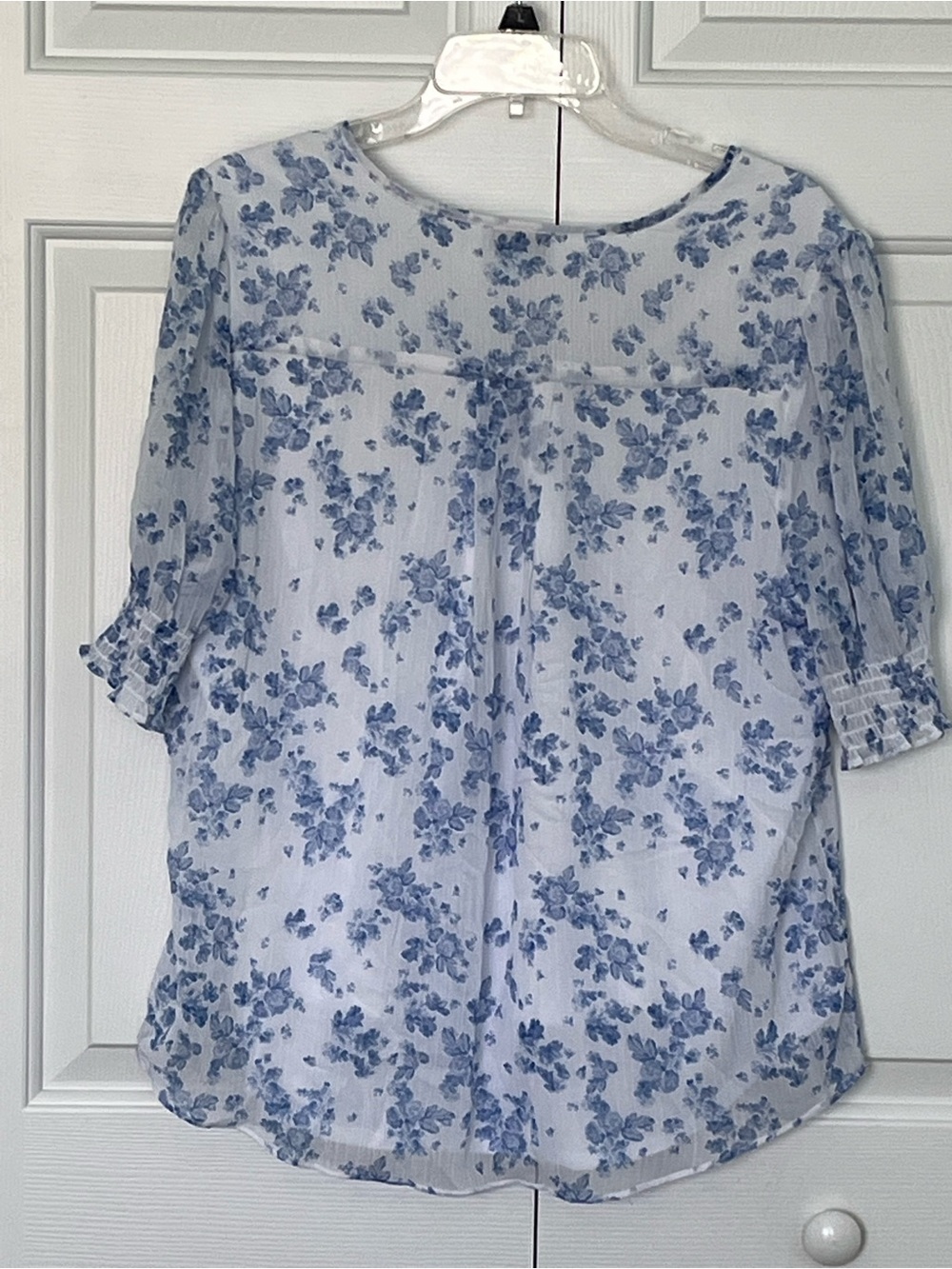 CeCe White and Blue Floral Pintuck V-Neck Blouse - Picture 4 of 8